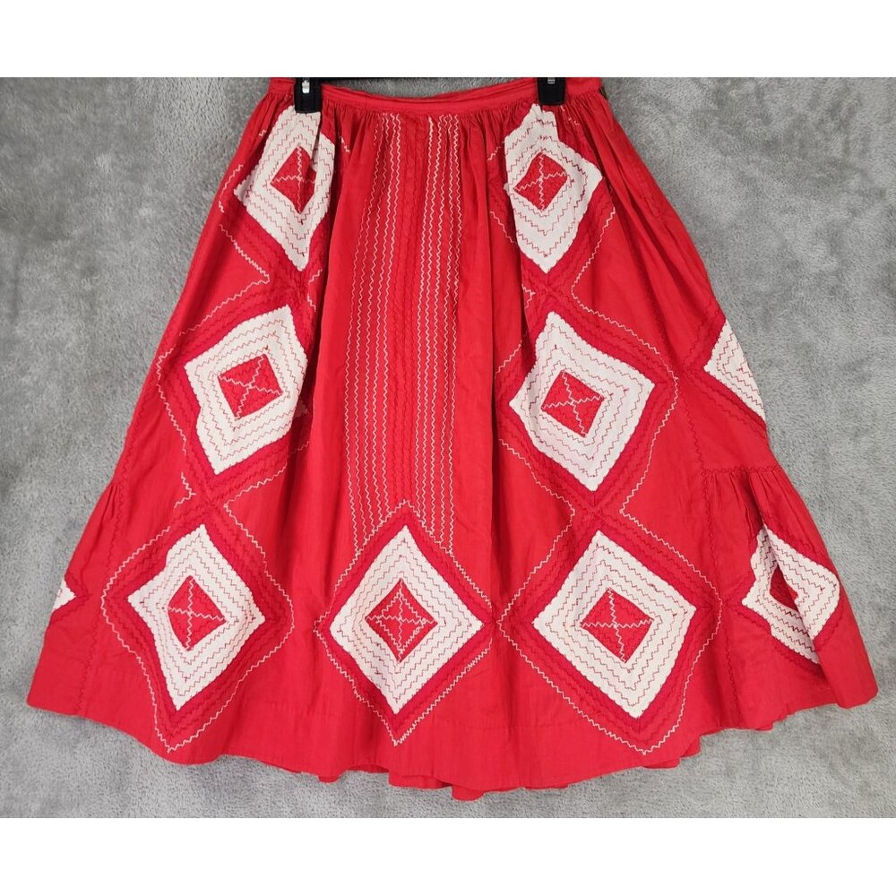 Womens Skirt Medium Red White Diamond Pattern Boho Flared 80s Vintage Midi